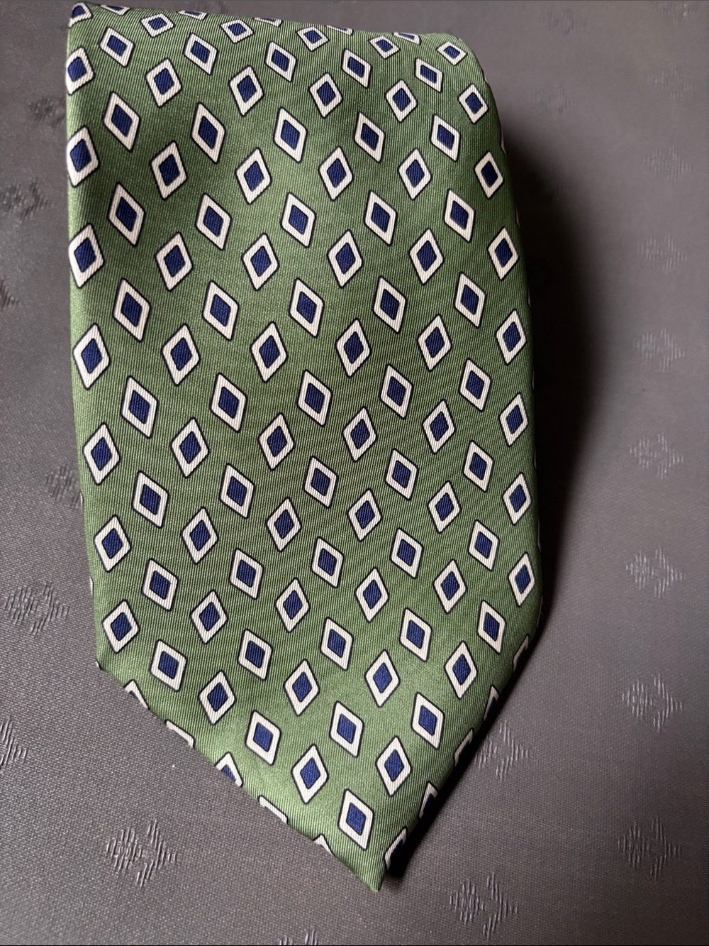Brooks Brothers Green Silk Tie with Blue and White Diamond Pattern